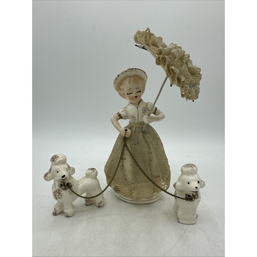 Vintage Lady with Umbrella Poodles On Chain Japan 1950s Porcelain
